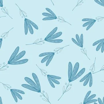 Random seamless pattern with blue simple flower silhouettes. Pastel backgroun Stockillustratie