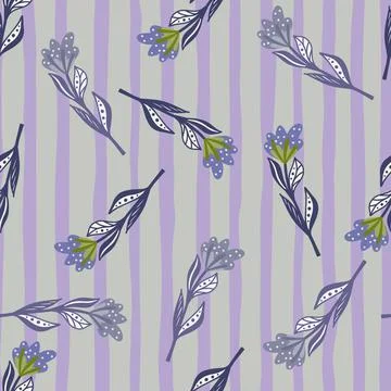 Random seamless pattern with botanic contoured flower elements. Purple pale c Illustrazione stock