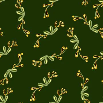 Random seamless pattern with botanic floral branches elements. Dark green oli Stock Illustration