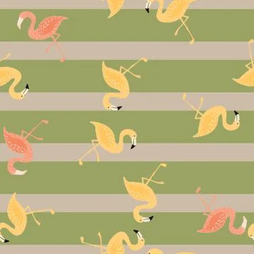 Random seamless pattern with cartoon animal flamingo pink and yellow print. G イラスト素材