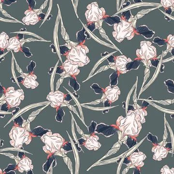 Random seamless pattern with creative iris flowers elements. Pale blue backgr Stockillustratie