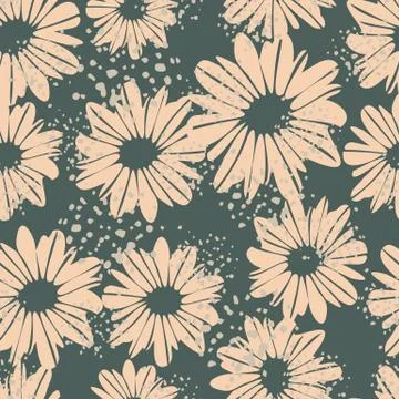 Random seamless pattern with daisy flowers. Grey background with splashes and Illustrazione stock