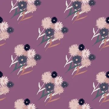 Random seamless pattern with dandelion silhouettes. Purple background with pi Illustrazione stock