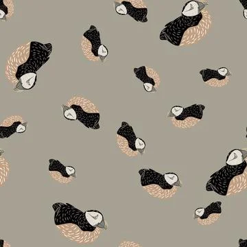 Random seamless pattern with doodle black colored puffin shapes. Grey backgro Illustrazione stock