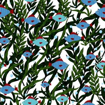 Random seamless pattern with doodle blue fish silhouettes and green seaweeds. Stock Illustration