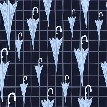Random seamless pattern with doodle blue umbrella elements. Dark navy blue ch Illustrazione stock