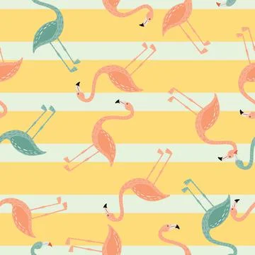 Random seamless pattern with doodle blue and pink flamingo ornament. Yellow s Stock Illustration