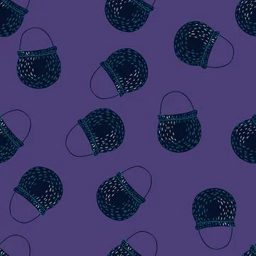 Random seamless pattern with doodle boling pot ornament. Purple bright backgr Illustrazione stock