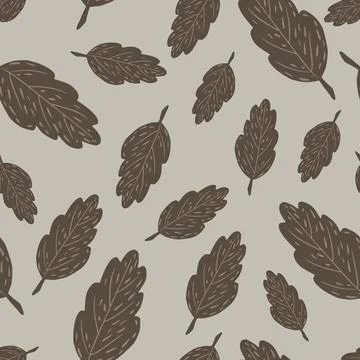 Random seamless pattern with doodle brown leaf ornament. Grey background. Aut Stock Illustration