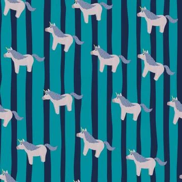 Random seamless pattern with doodle bue unicorn elements. Turquoise striped b Stock Illustration