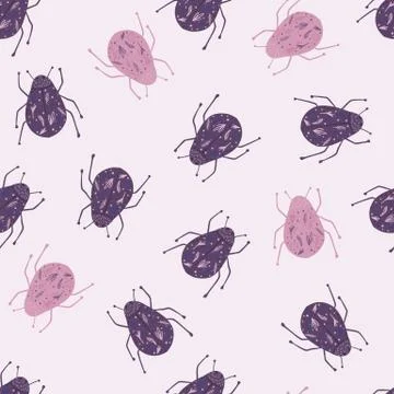 Random seamless pattern with doodle bug silhouettes. Purple and pink colored  Illustrazione stock