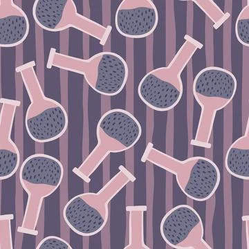 Random seamless pattern with doodle flask lab silhouettes. Chemical shapes wi Illustrazione stock