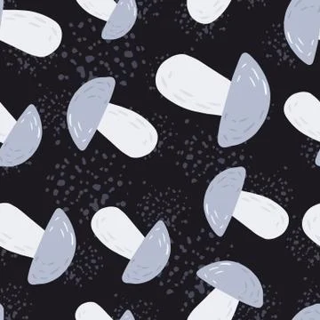 Random seamless pattern with doodle forest mushrooms ornament. Blue light col 스톡 일러스트
