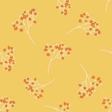 Random seamless pattern with doodle gypsophila elements print. Orange backgro Illustrazione stock