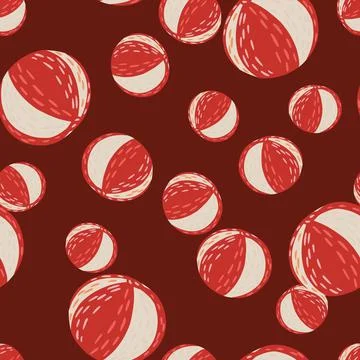 Random seamless pattern with doodle hand drawn beach balls ornament. Maroon b Illustrazione stock
