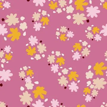 Random seamless pattern with doodle hand drawn flower elements. Pink backgrou イラスト素材