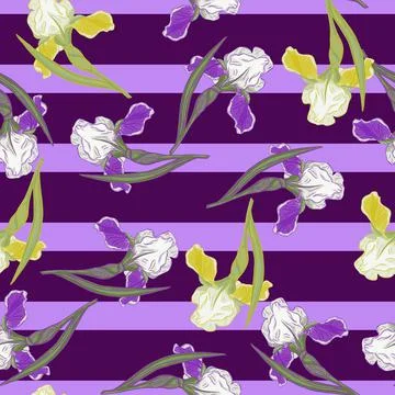 Random seamless pattern with doodle iris flower ornament. Purple bright strip Stock Illustration