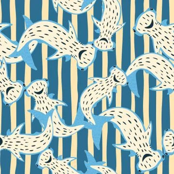 Random seamless pattern with doodle kids hammerhead sharks elements. Blue fis Stock Illustration