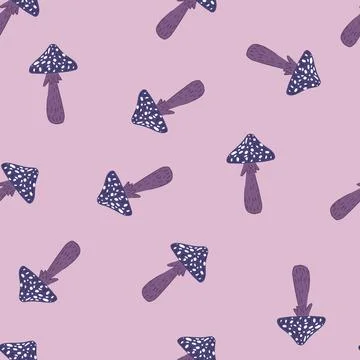 Random seamless pattern with doodle magic mushroom elements. Purple and blue  Stock Illustration