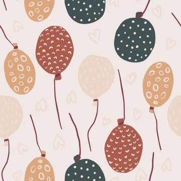 Random seamless pattern with doodle maroon, navy blue and orange balloons. Li Stockillustratie
