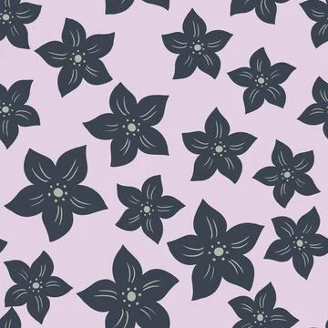 Random seamless pattern with doodle navy blue tropic flowers silhouettes. Gre Illustrazione stock