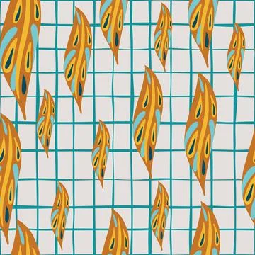 Random seamless pattern with doodle orange colored leaf ornament on light che Stock Illustration