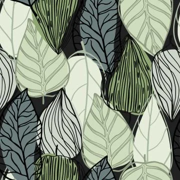 Random seamless pattern with doodle outline leaf shape silhouettes. Pastel to 库存插图