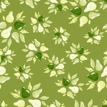 Random seamless pattern with doodle pear ornament and leaf silhouettes. Green Stock Illustration