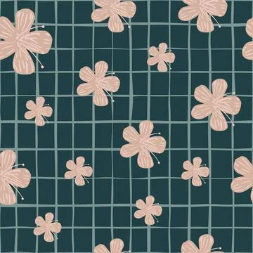 Random seamless pattern with doodle pink flowers simple print. Dark turquoise Stock Illustration