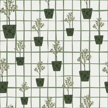 Random seamless pattern with doodle plant ornament. Green pale elements on li Stock Illustration