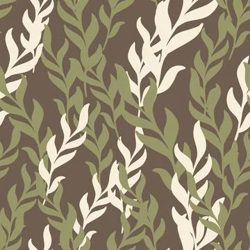 Random seamless pattern with doodle seaweed flora ornament. Brown background. Illustrazione stock