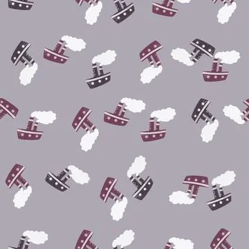 Random seamless pattern with doodle steam ship purple ornament. Light purple  Illustrazione stock