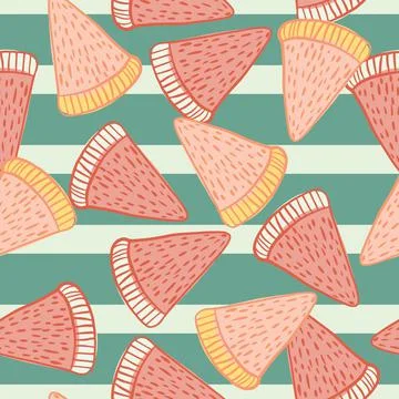 Random seamless pattern with doodle watermelon slice elements. Blue striped b 스톡 일러스트
