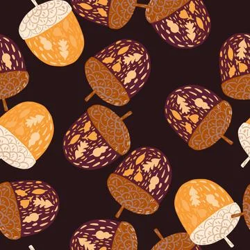 Random seamless pattern with doodle yellow and brown tones acorn elements. Da 스톡 일러스트