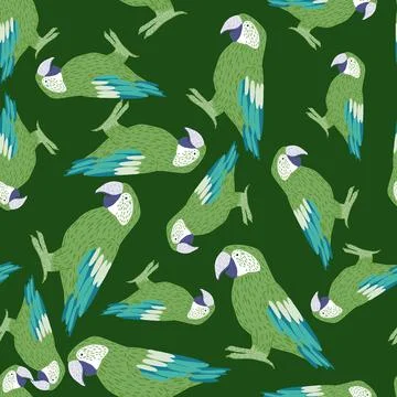 Random seamless pattern with exotic ara parrot bird silhouettes. Green backgr Illustrazione stock