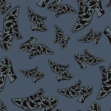Random seamless pattern with fashion boots silouettes. Blue pale dark backgro Stock Illustration
