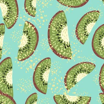 Random seamless pattern with green creative kiwi ornament. Blue background wi Illustrazione stock