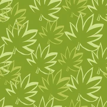 Random seamless pattern with green hemp leaves and green background. Marijuan Stock Illustration