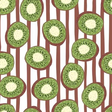 Random seamless pattern with green kiwi slice silhouettes. Striped background Illustrazione stock