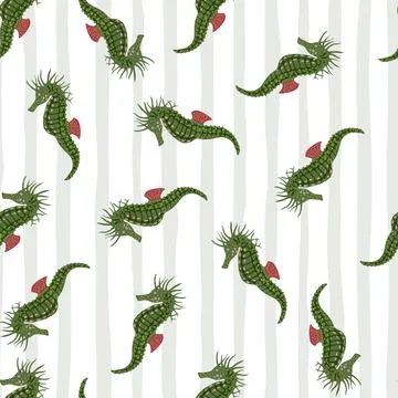 Random seamless pattern with green seahorse simple silhouettes. Green shapes  Illustrazione stock