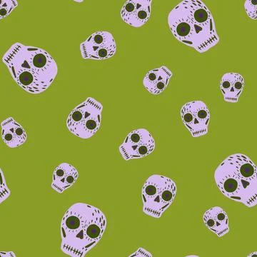 Random seamless pattern with grey creepy skulls elements. Green bright backgr Stock Illustration