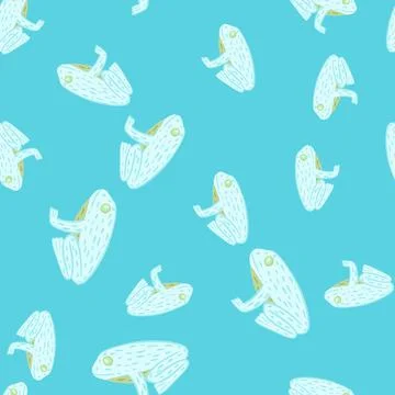 Random seamless pattern with hand drawn white frog doodle silhouettes. Blue b イラスト素材