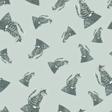 Random seamless pattern with hand drawn grey circus tiger silhouettes. Blue p Illustrazione stock
