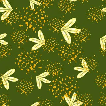 Random seamless pattern with hand drawn simple leaf ornament. Green backgroun Illustrazione stock