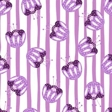 Random seamless pattern with hand drawn lilac folk flower buds elements. Whit Stock Illustration