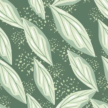 Random seamless pattern with hand drawn geometric leaf elements. Pale green b 스톡 일러스트