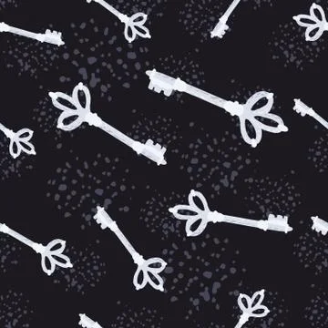Random seamless pattern with keys doodle silhouettes. White different sizes s Illustrazione stock