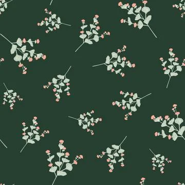 Random seamless pattern with light blue wildflowers elements. Dark green back Stock Illustration