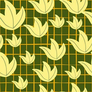 Random seamless pattern with light yellow leaf bush ornament print. Green che Stock Illustration