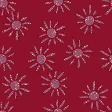 Random seamless pattern with lilac ethnic sun silhouettes. Maroon background. Stock Illustration